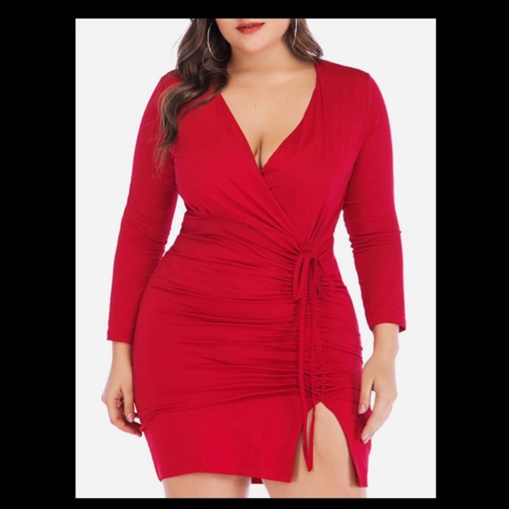 Long Sleeve Cinched Slit Surplice Plus Size Dress